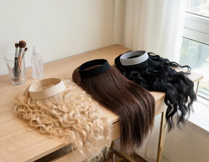 Headband Wig Sourcing on a cosmetics bench, illustration only