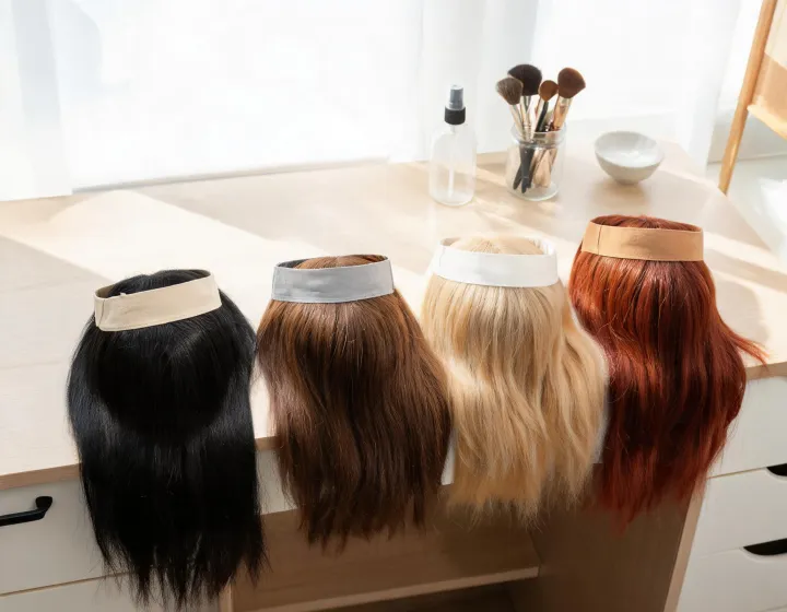 headband wig human hair on a cosmetics bench, illustration only