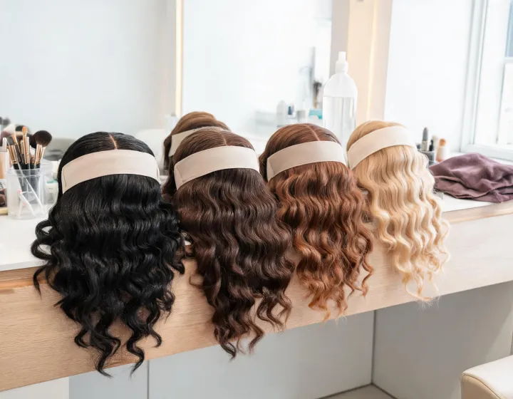 body wave glueless headband wig on a cosmetics bench, illustration only