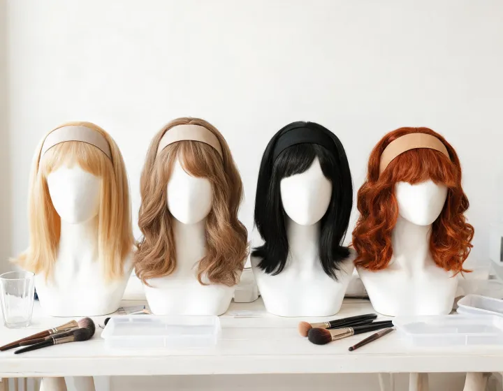 human hair headband wig on a cosmetics bench, illustration only