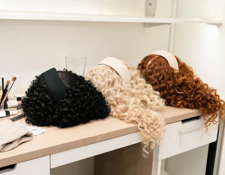 curly headband wig on a cosmetics bench, illustration only